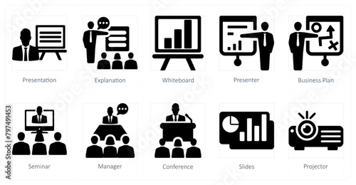 A set of 10 business presentation icons as presentation, explanation, white board