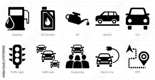 A set of 10 car icons as gasoline, oil canister, oil