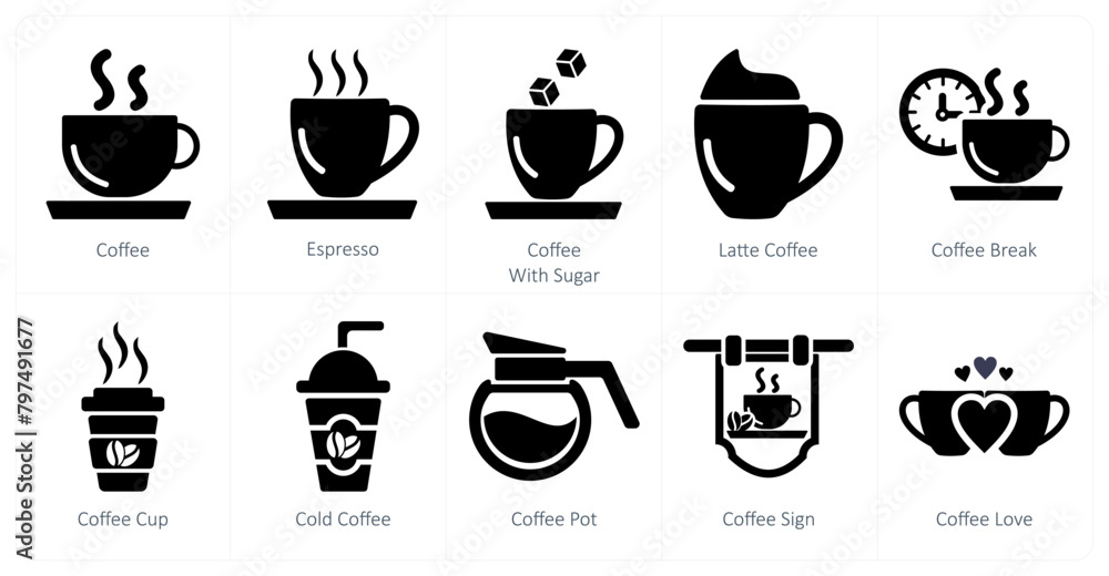 A set of 10 coffee icons as coffee, espresso, coffee with sugar