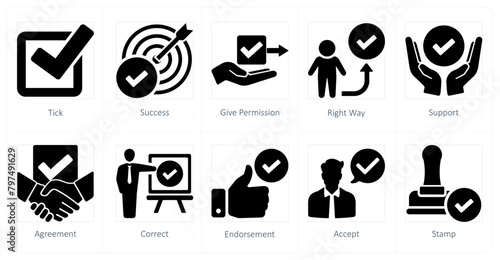 A set of 10 checkmark icons as tick, success, give permission