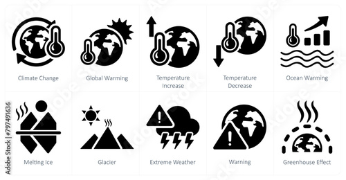 A set of 10 climate change icons as climate change, global warming, temperature increase photo