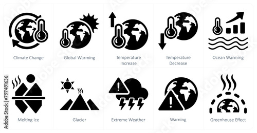 A set of 10 climate change icons as climate change, global warming, temperature increase