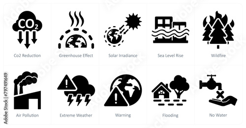 A set of 10 climate change icons as co2 reduction, greenhouse effect, solar irradiance