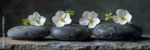 A bouquet of white flowers is placed on top of stone, A Tranquil Stone Spa with white beautiful flowers