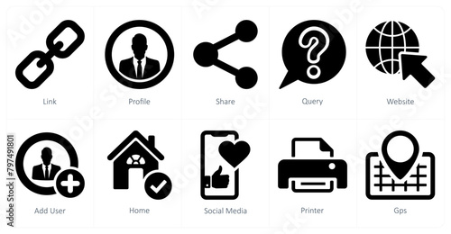 A set of 10 contact icons as link, profile, share