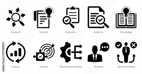 A set of 10 critical thinking icons as research, evaluation, evidence