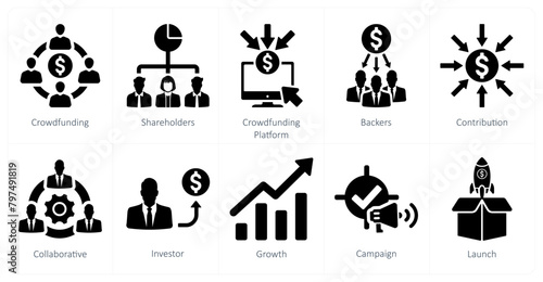 A set of 10 crowdfunding icons as crowdfunding, shareholders, crowdfunding platform