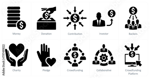 A set of 10 crowdfunding icons as money, donation, contribution, investor