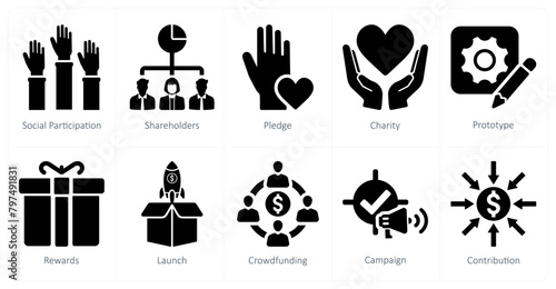 A set of 10 crowdfunding icons as social participation, shareholders, pledge, 