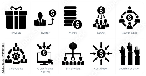 A set of 10 crowdfunding icons as rewards, investor, money