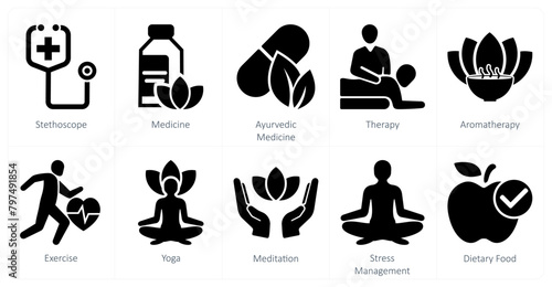 A set of 10 mix icons as stethoscope, medicine, ayurvedic medicine