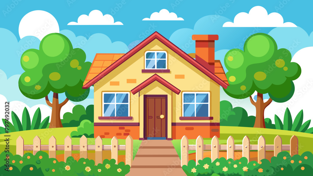 vector-cartoon-house-with-green-yard-and-wooden-fe