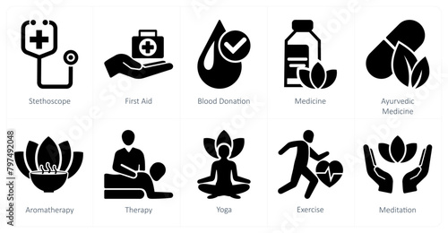 A set of 10 mix icons as stethoscope, first aid, blood donation