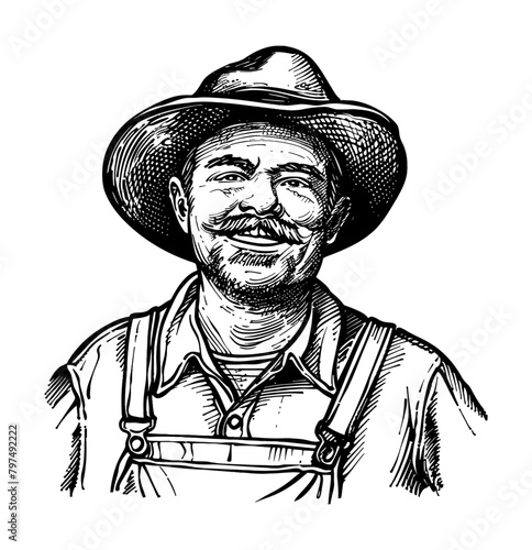 farmer portrait engraving black and white outline