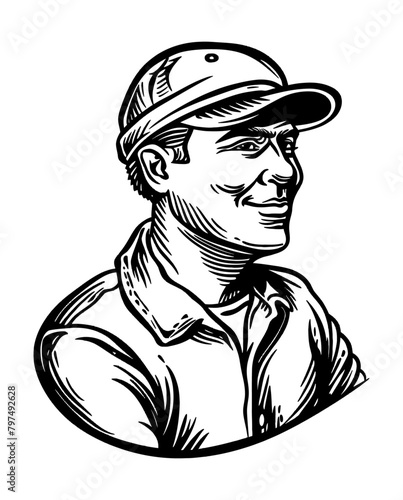 portrait man cap engraving black and white outline
