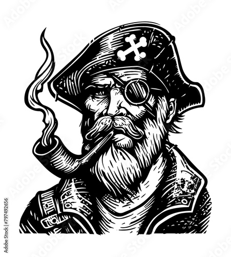 portrait pirate smoking engraving black and white outline