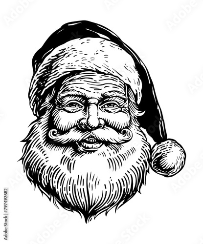 portrait santa engraving black and white outline