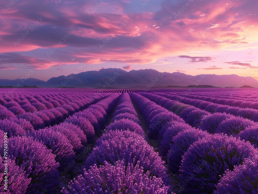 Lavender rows fading into distant mountains, serene purple, twilight, peaceful , high resolution Lavender rows fading into distant mountains, serene purple, twilight, peaceful , high resolution