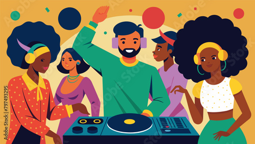 The DJ spins classic Motown hits as families and friends of all ages come together celebrating freedom and unity at a lively Juneteenth dance party.. Vector illustration