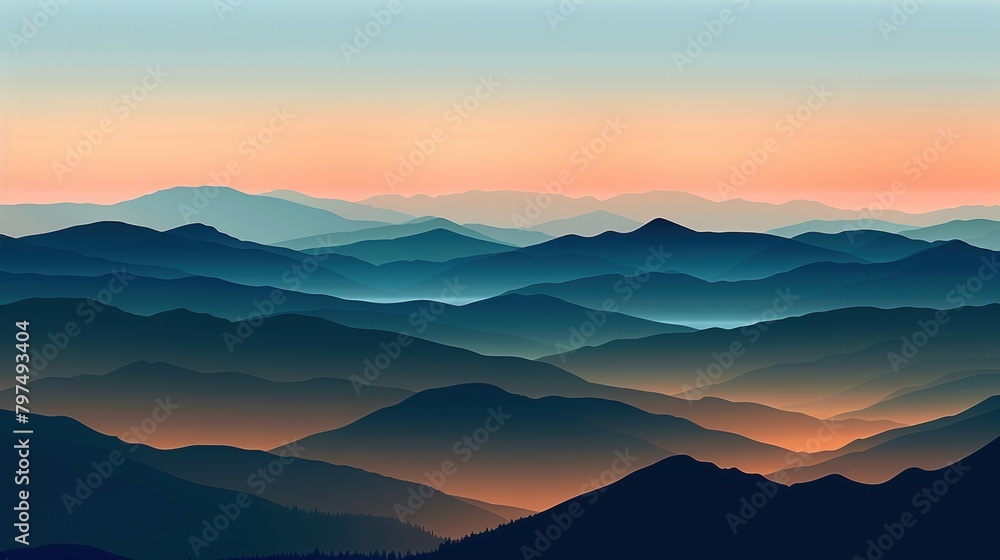 A stylized graphic depiction of a mountainous horizon at dusk, with silhouetted peaks and a gradient sky transitioning from warm oranges to cool blues