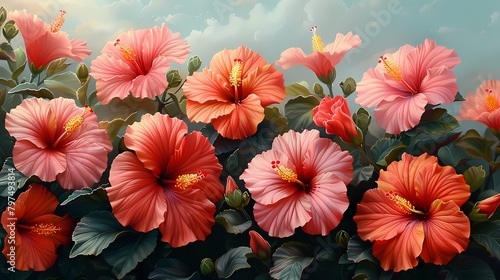 A cluster of red and pink hibiscus flowers, their tropical beauty evoking a sense of paradise