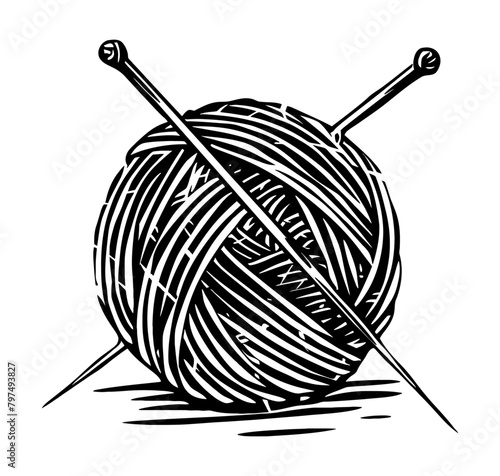 yarn ball engraving black and white outline