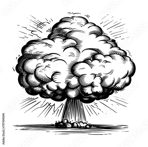 explosion cloud engraving black and white outline