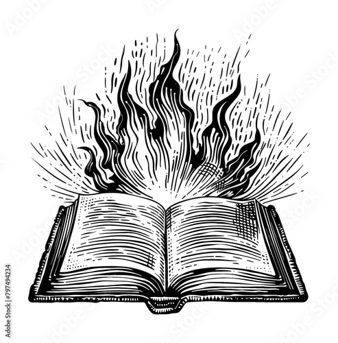 old book open burned engraving black and white outline