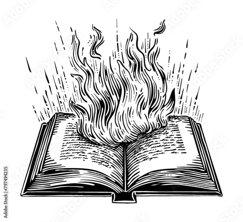 old book open burned engraving black and white outline