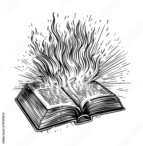 old book open burned engraving black and white outline