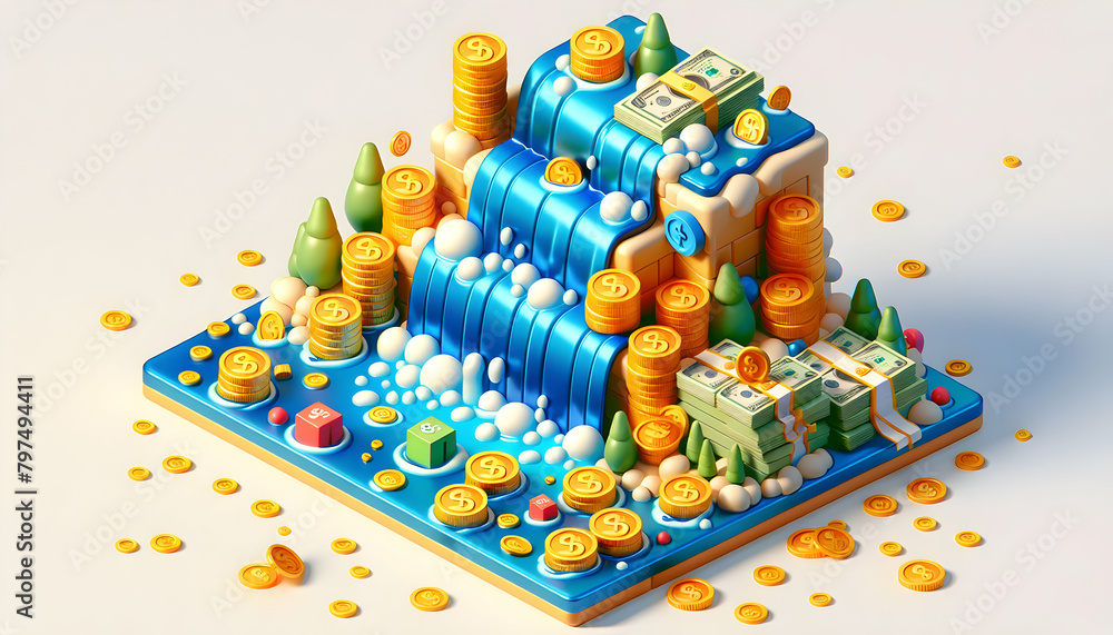Wealth Waterfall: Colorful Cartoon Isometric 3D Icon Depicting Cash Flow with Coins and Bills in Miniature Diorama Art Concept