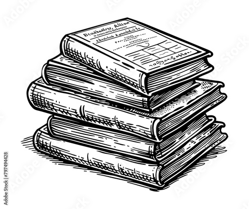 book stack engraving black and white outline