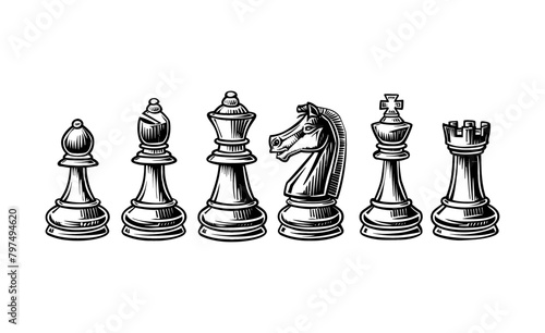 chess pieces engraving black and white outline