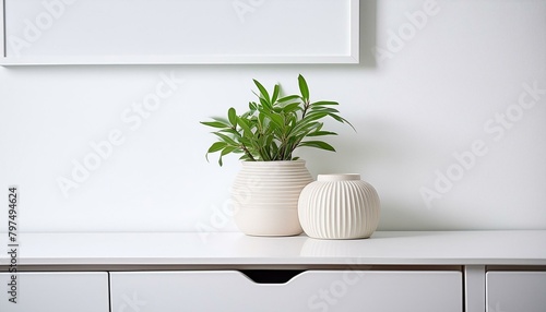 white interior, modern vase and interior plant pot on sleek white furniture against a clean white background