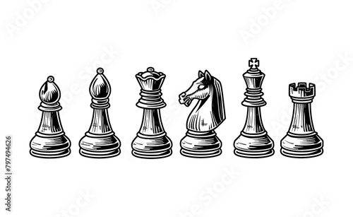 chess pieces engraving black and white outline