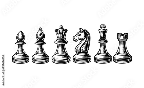 chess pieces engraving black and white outline