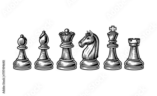 chess pieces engraving black and white outline