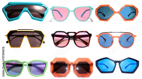 Assorted Colored Sunglasses on White Background