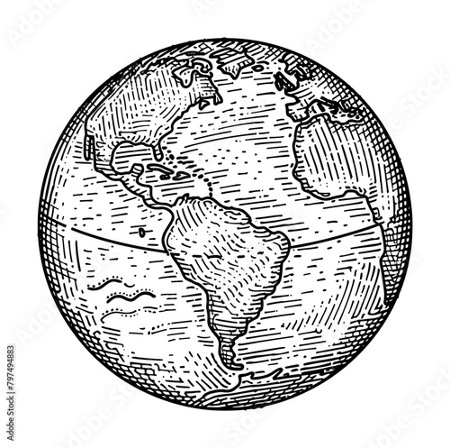 earth globe engraving black and white outline