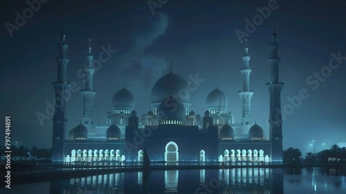 The image shows a night view of the Sheikh Zayed Grand Mosque in Abu Dhabi, United Arab Emirates. The mosque is lit up and reflecting in the water with a blue sky in the background.