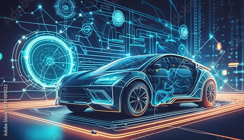 EV electric car system or futuristic automotive technology with connecting power control.super computer in modern machine.artificial intelligence