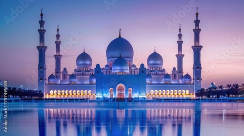The image shows a night view of the Sheikh Zayed Grand Mosque in Abu Dhabi, United Arab Emirates. The mosque is lit up and reflecting in the water with a blue sky in the background.   © Awais