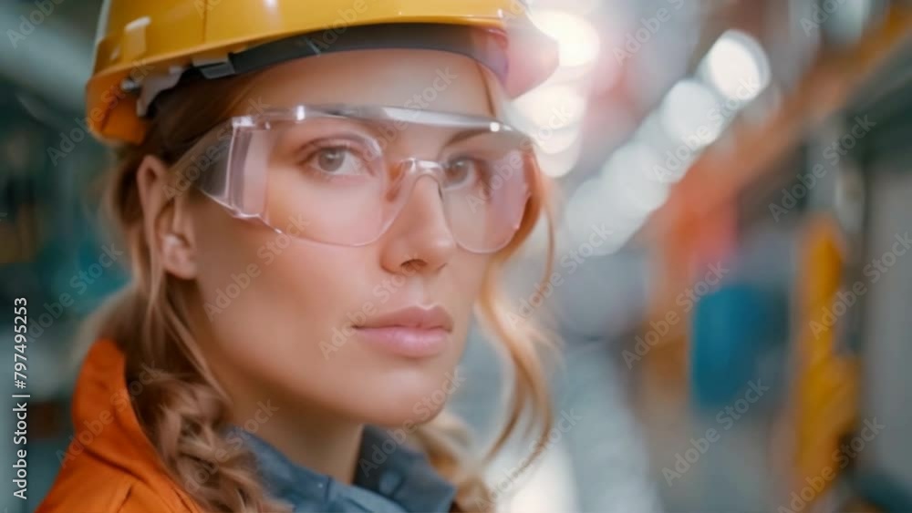 female engineer wearing a hard hat and safety glasses in an industrial setting female engineer wearing a hard hat and safety glasses in an industrial setting