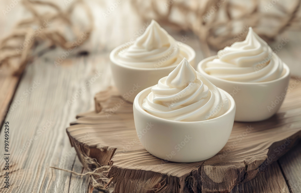 Three Small White Bowls Filled With Whipped Cream Three Small White Bowls Filled With Whipped Cream