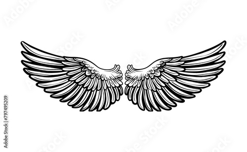 wing pair engraving black and white outline