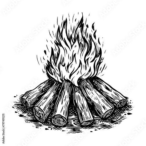 camp fire engraving black and white outline