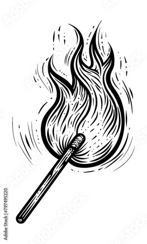 fire match stick engraving black and white outline