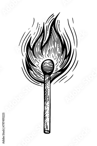 fire match stick engraving black and white outline