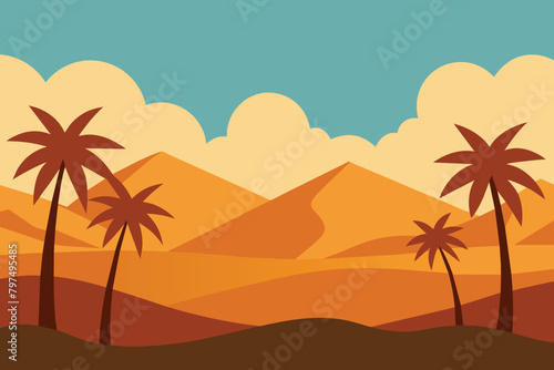 Desert Panorama Background with Palm Trees vector design