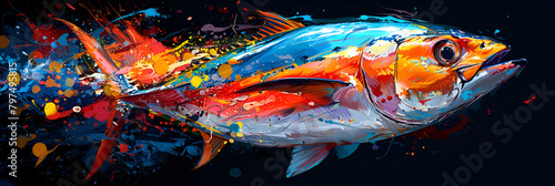 A closeup of a colorful tuna fish abstract render,
A painting of a shark with the words shark on it
 photo